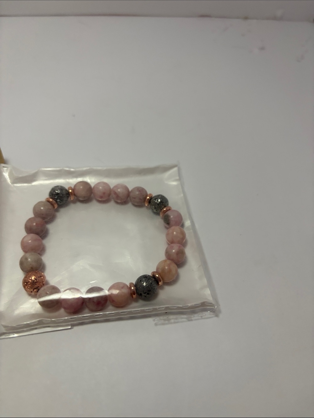 Pink Beaded Stretch Bracelet with Rose Gold and Gray Accents